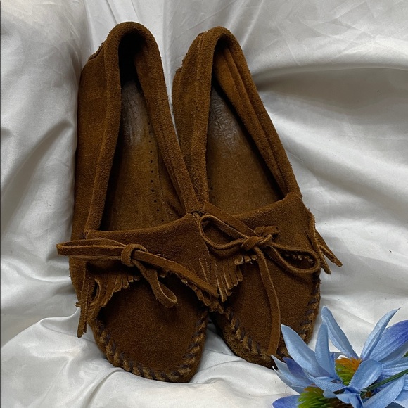 ❤️ Minnetonka Classic Brown Suede Leather Fringe Moccasins, Ladies Size 8 - Picture 9 of 9